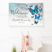 Elegant zilveren blauwe vlinder welkomstfeest spandoek (Insitu)