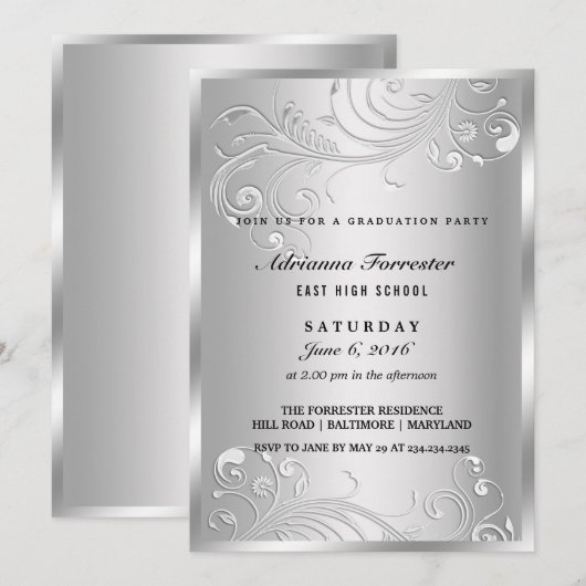 Elegant zilveren bloei afstudeerfeest kaart (Voorkant / Achterkant)