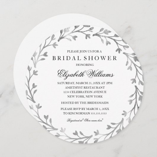 Elegant Zilveren Bloemenkrans Vrijgezellenfeest Ui Kaart (Voorkant / Achterkant)