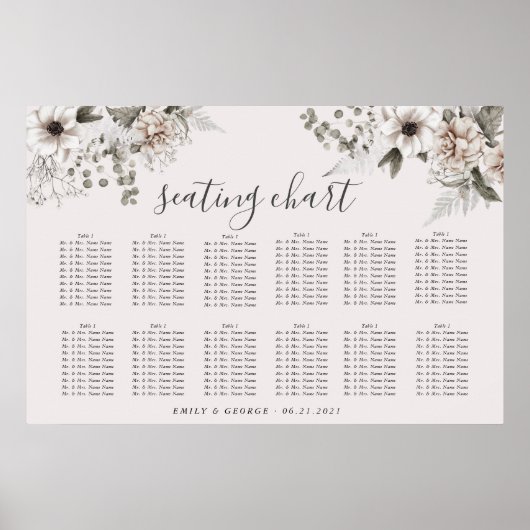 Elegant zilveren blos bloemig zitplaatsenbord poster (Voorkant)