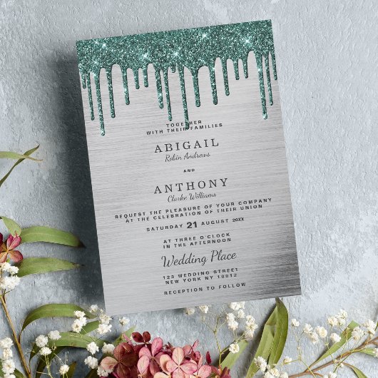 Elegant zilveren bosgroene glitter druipt bruiloft kaart