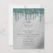 Elegant zilveren bosgroene glitter druipt bruiloft kaart (Voorkant)