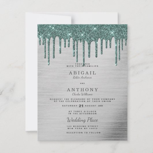 Elegant zilveren bosgroene glitter druipt bruiloft kaart (Voorkant)