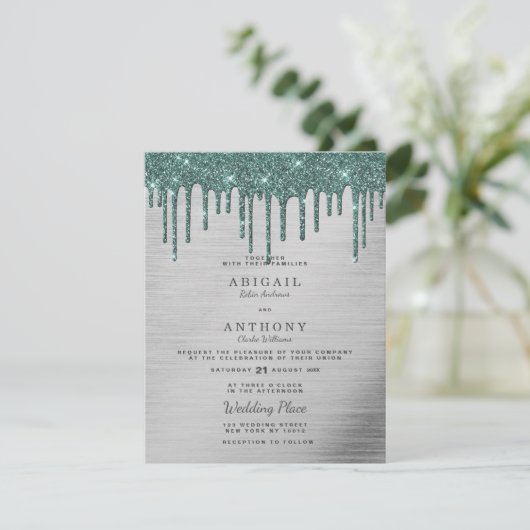 Elegant zilveren bosgroene glitter druipt bruiloft kaart (Staand voorkant)
