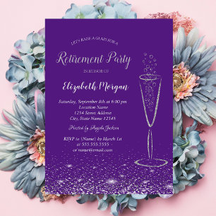 Elegant zilveren confetti glas paars pensioen kaart