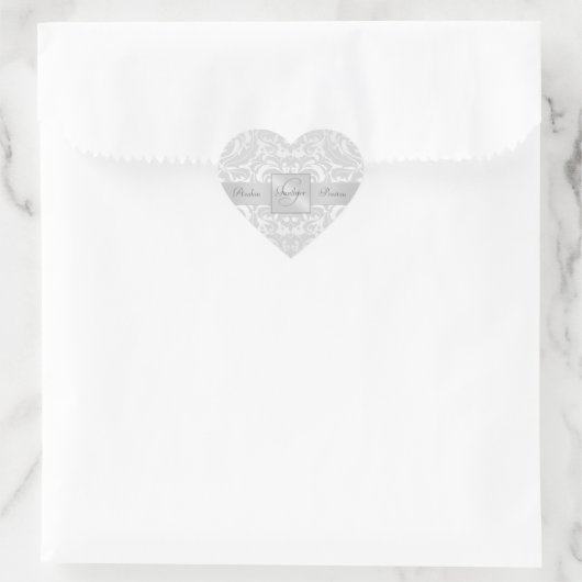 Elegant zilveren Damask hart bruiloft Sticker (Tas)