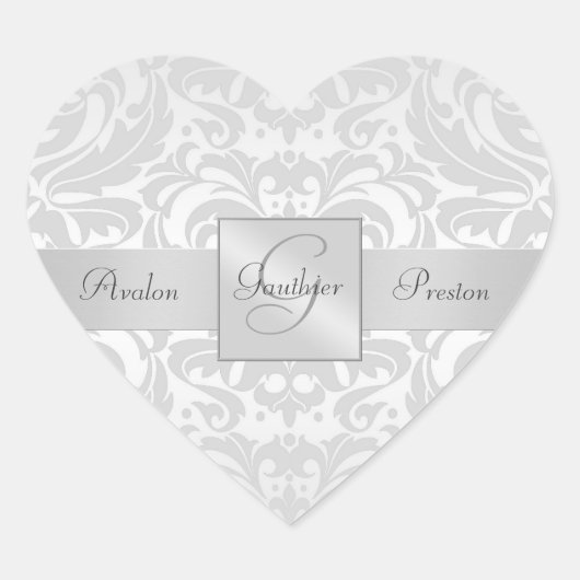 Elegant zilveren Damask hart bruiloft Sticker (Voorkant)