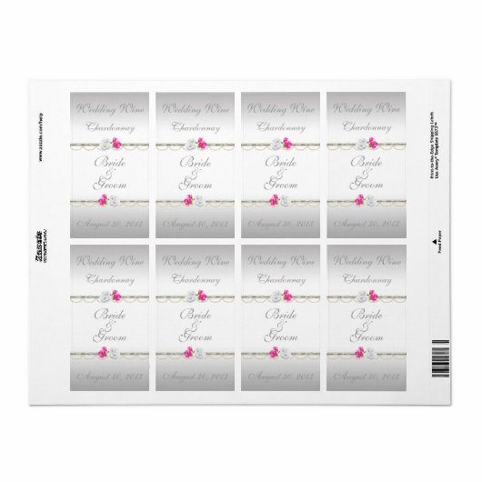 Elegant zilveren damast en roze bruiloft wijnlabel etiket (Full Sheet)