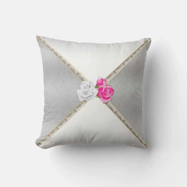 Elegant zilveren damast en roze roos kussen (Voorkant)