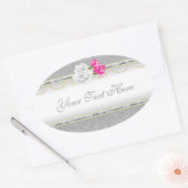 Elegant zilveren damast en roze roos ovale sticker (Envelop)