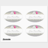 Elegant zilveren damast en roze roos ovale sticker (Vel)