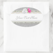 Elegant zilveren damast en roze roos ovale sticker (Tas)