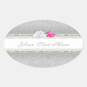 Elegant zilveren damast en roze roos ovale sticker