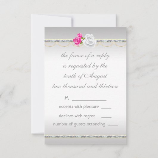 Elegant zilveren damast en roze roos RSVP (Achterkant)