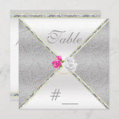 Elegant zilveren damast en roze roos tafelnummer (Voorkant / Achterkant)