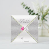 Elegant zilveren damast en roze roos tafelnummer (Staand voorkant)