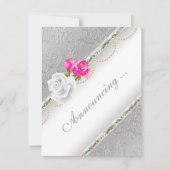 Elegant zilveren damast en roze rose Verloving Aankondiging (Voorkant)