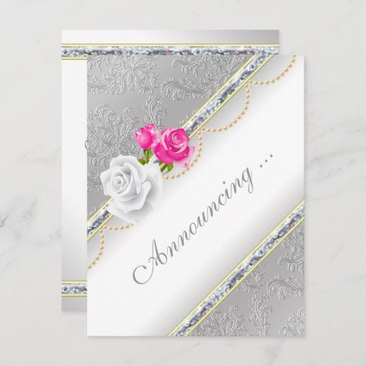 Elegant zilveren damast en roze rose Verloving Aankondiging (Voorkant / Achterkant)