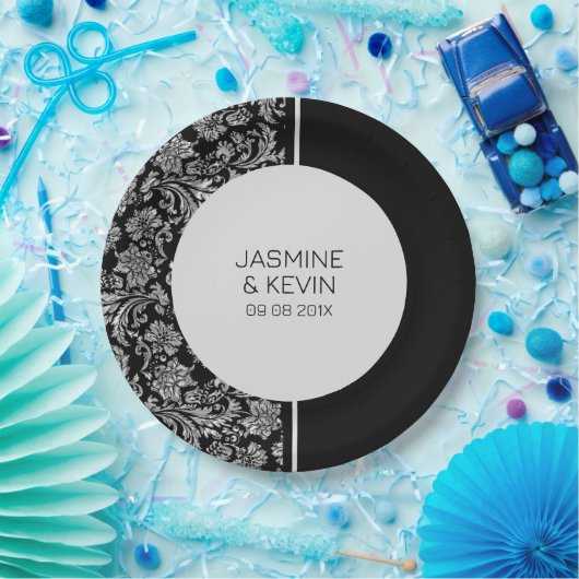 Elegant zilveren damast & zwart split screen papieren bordje (Feest)