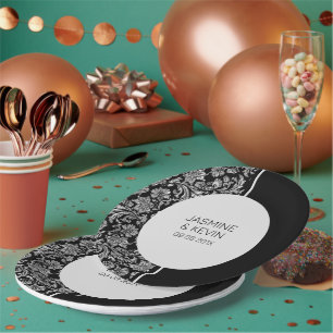 Elegant zilveren damast & zwart split screen papieren bordje