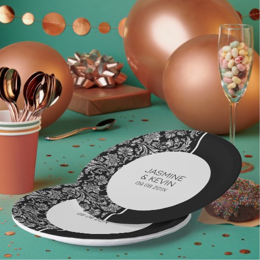 Elegant zilveren damast & zwart split screen papieren bordje (Multi)