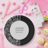 Elegant zilveren damast & zwart split screen papieren bordje (Feest)