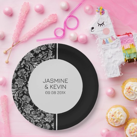 Elegant zilveren damast & zwart split screen papieren bordje (Feest)