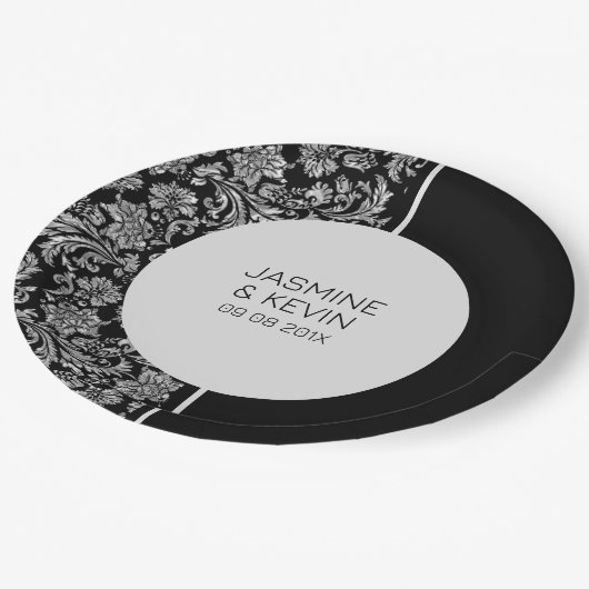 Elegant zilveren damast & zwart split screen papieren bordje (Gekanteld)
