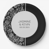 Elegant zilveren damast & zwart split screen papieren bordje (Voorkant)