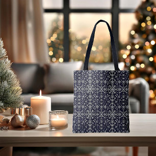 Elegant zilveren en blauwe sneeuwvlokkenpatroon tote bag