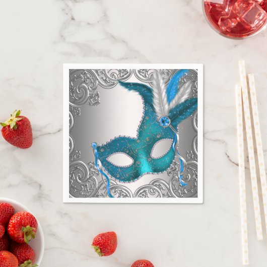 Elegant zilveren en Blauwgroen blauw Masquerade Pa Servetten (Insitu)