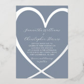 Elegant Zilveren Folie Hart & Stofblauwe Trouw Folie Uitnodiging (Voorkant)