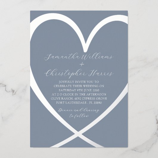 Elegant Zilveren Folie Hart & Stofblauwe Trouw Folie Uitnodiging (Voorkant)