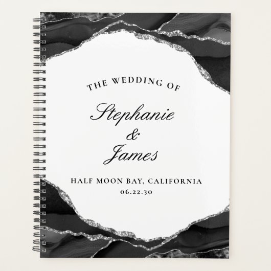 Elegant zilveren folie zwart agaat foto bruiloft planner (Voorkant)