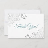 Elegant zilveren franjes Blauwgroen script op witt Bedankkaart (Voorkant)