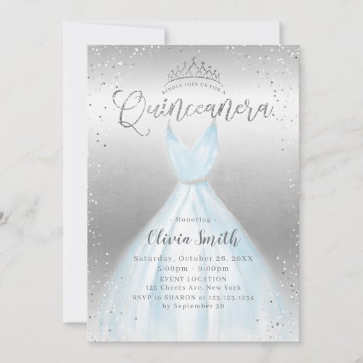 Elegant zilveren glitter blauwe jurk Quinceañera Kaart (Voorkant)