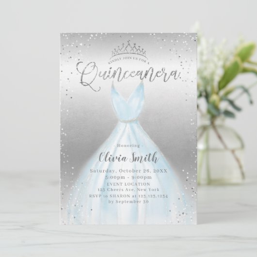 Elegant zilveren glitter blauwe jurk Quinceañera Kaart (Staand voorkant)