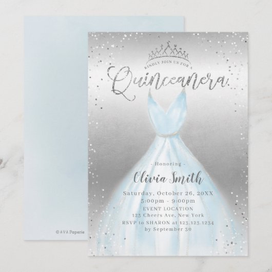 Elegant zilveren glitter blauwe jurk Quinceañera Kaart (Voorkant / Achterkant)