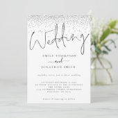 Elegant zilveren glitter rand script bruiloft kaart (Staand voorkant)