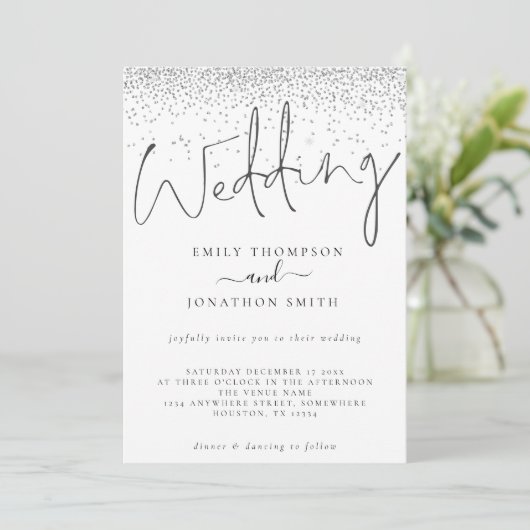 Elegant zilveren glitter rand script bruiloft kaart (Staand voorkant)