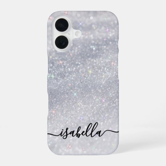 Elegant zilveren glitterscript | Aangepaste naam iPhone 16 Hoesje (Achterkant)