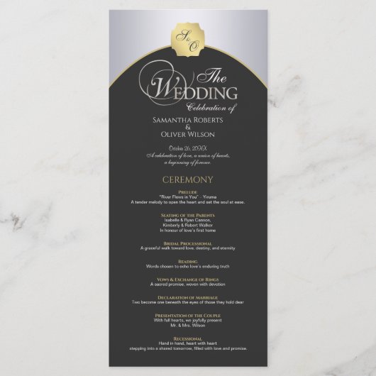 Elegant zilveren gouden monogram huwelijksprogramm programmakaart (Voorkant)