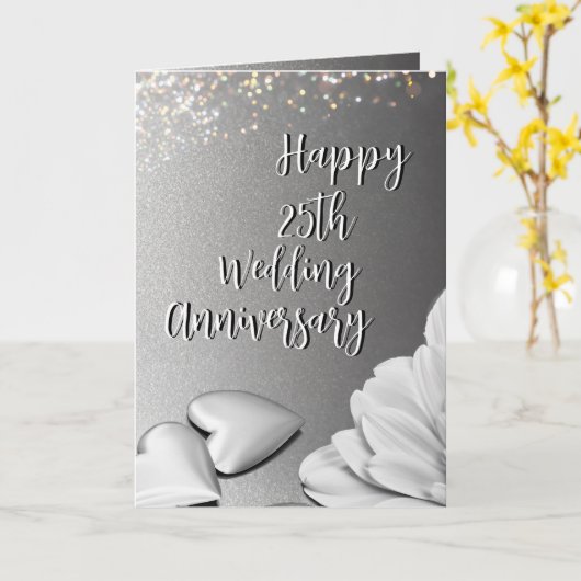 Elegant zilveren hart 25e bruiloft Jubileum Kaart (Gele Bloem)