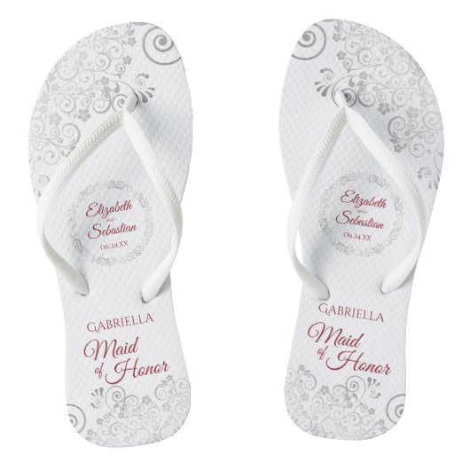 Elegant Zilveren Kant & Rood Maid of Honor Bruilof Teenslippers (Voetbed)