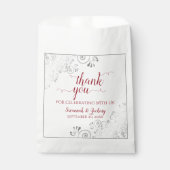 Elegant zilveren kant & rood script bruiloft dank bedankzakje (Voorkant)