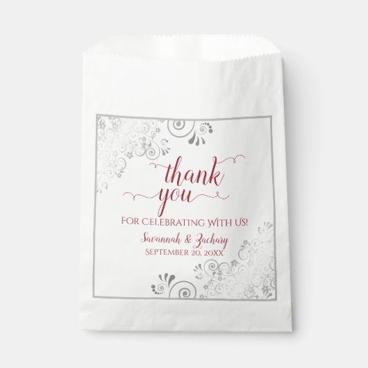 Elegant zilveren kant & rood script bruiloft dank  bedankzakje (Voorkant)