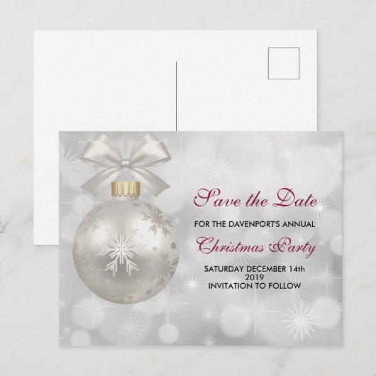 Elegant zilveren kerstbal Save the Date Briefkaart (Voorkant / Achterkant)