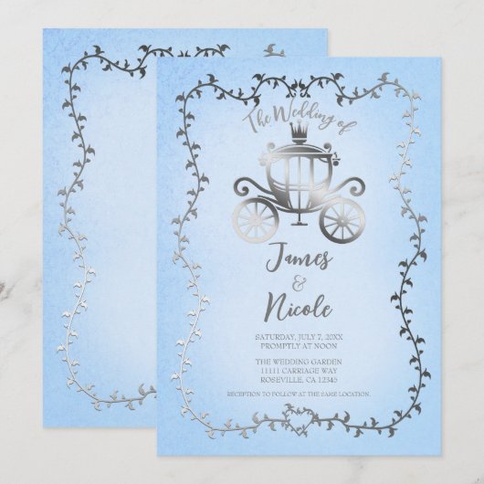 Elegant zilveren koets blauw verhalenboek bruiloft kaart (Voorkant / Achterkant)