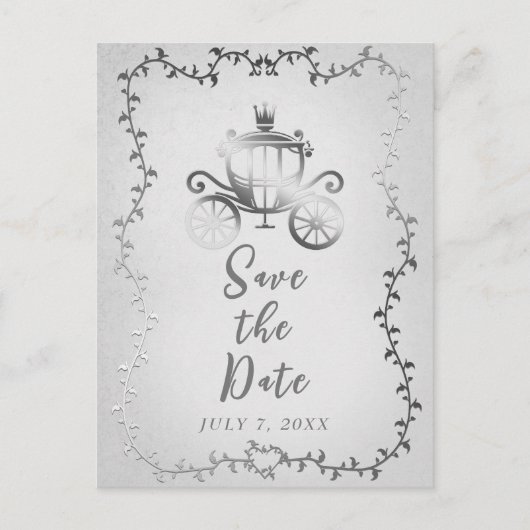 Elegant zilveren koets Storybook Save the Date Aankondigingskaart (Voorkant)