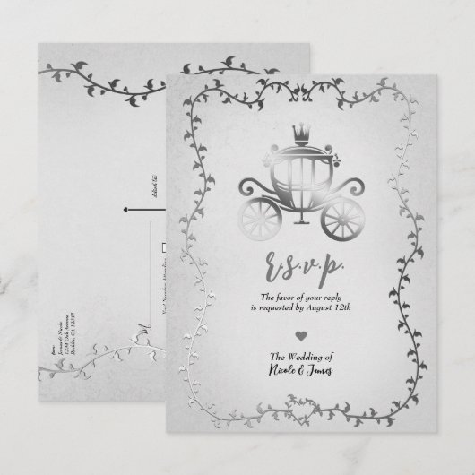 Elegant zilveren koets verhalenboek bruiloft RSVP Aankondigingskaart (Voorkant / Achterkant)